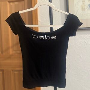 Bebe Black Short Sleeve Thin Knit Top with Classic Rhinestone Embellished Logo